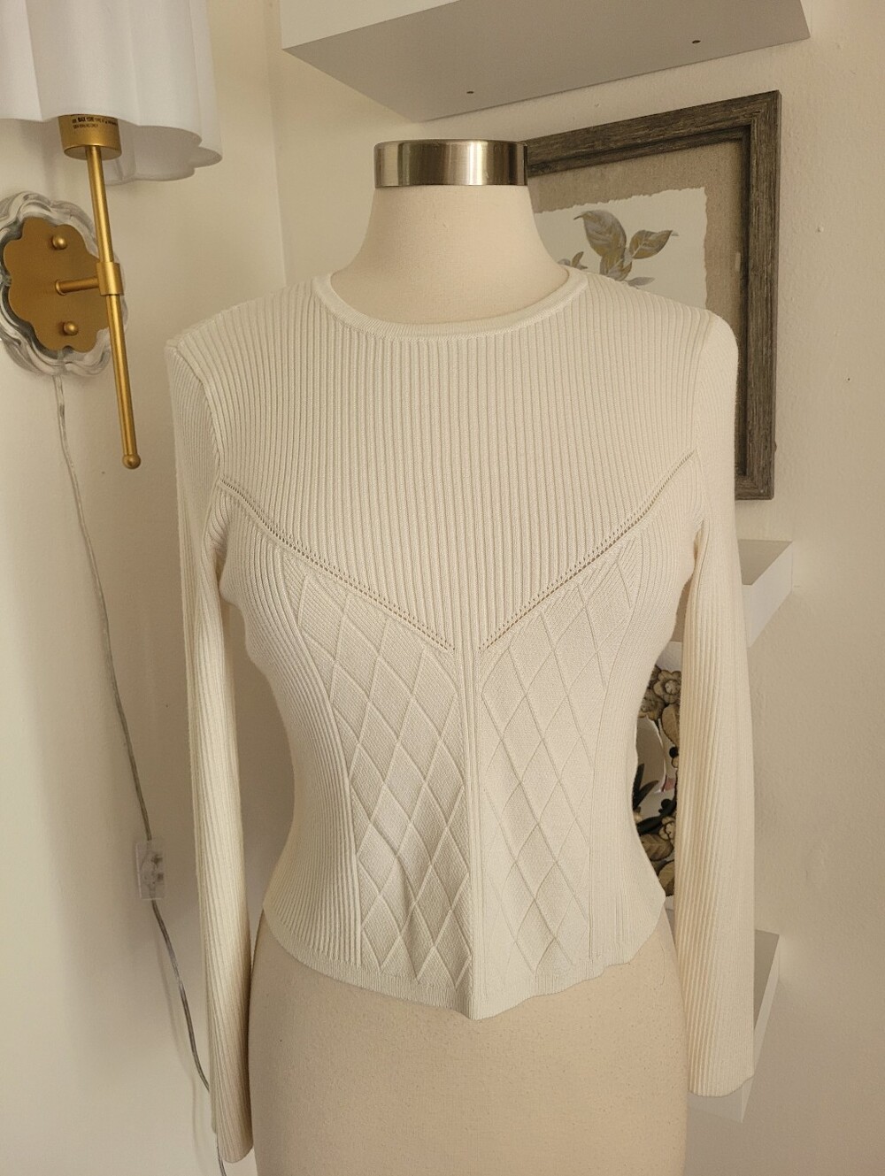 Abercrombie & Fitch Cream Ribbed & Diamond Knit Long Sleeve Top Large